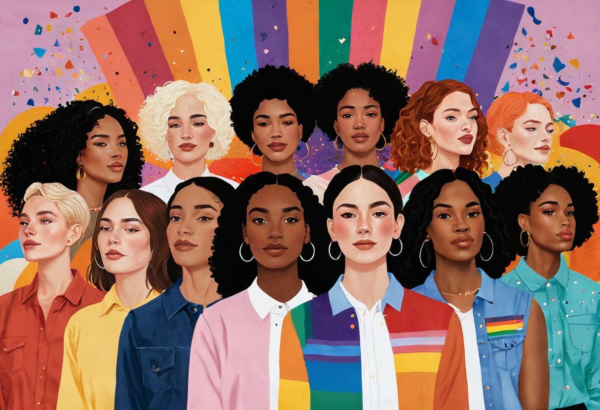 An empowering collage showcasing diverse women from the LGBTQIA+ community, standing together in a vibrant celebration of their identities. Incorporate elements like pride flags, flowers, and symbols of strength, with a colorful confetti background, expressing unity and resilience. Soft lighting enhances the warmth and positivity of the scene. bold illustration, vibrant colors, modern art.