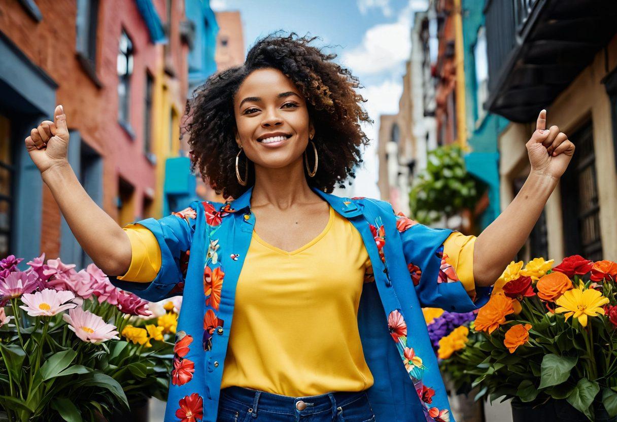 A powerful, confident woman standing proudly in a lush, colorful urban setting, surrounded by symbols of empowerment like raised fists and vibrant flowers. She exudes strength and grace, wearing stylish clothing that reflects her personality. In the background, a diverse group of women of different ethnicities joyfully support each other, portraying solidarity and love. The atmosphere is filled with bright colors, representing passion and energy. vibrant colors. super-realistic.
